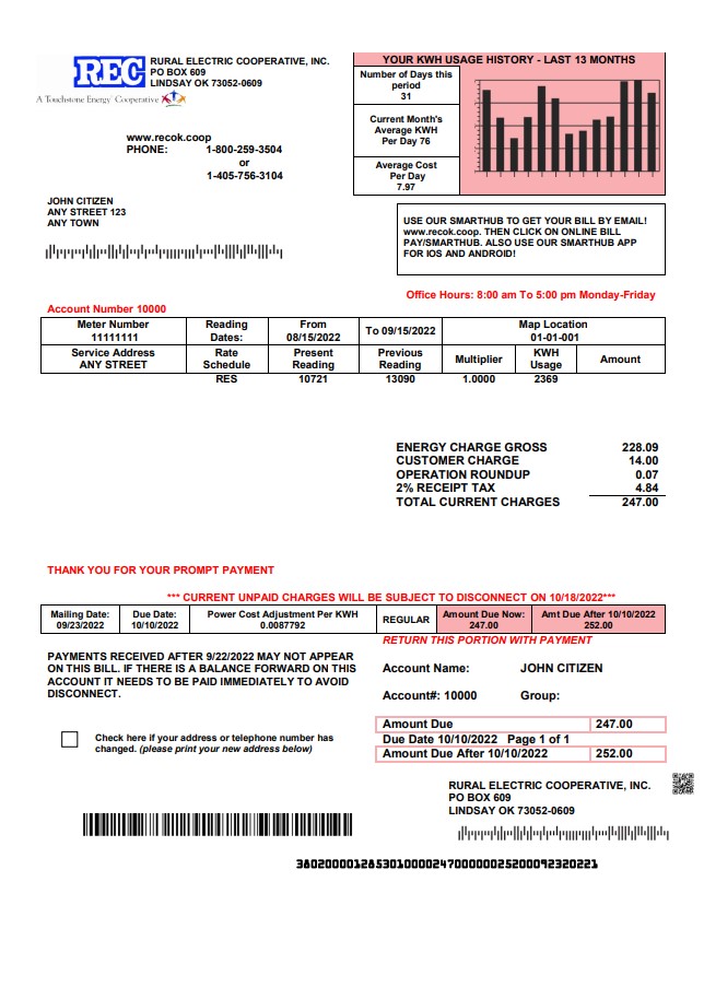 USA Rural Electric Cooperative utility bill template in Word and PDF format